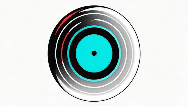 Circular record spins slowly on white background. Red center with teal and black concentric rings. Minimalist design, smooth motion, bold colors. Ideal for music, retro, or tech-themed projects