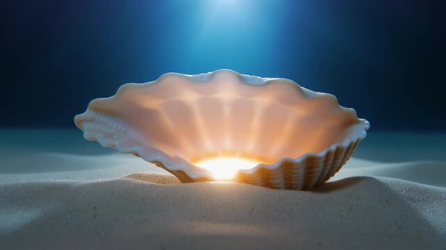 Glowing seashell resting on sand under the ocean