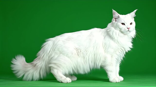 Majestic pure white Maine Coon cat posing elegantly with striking red eyes against a vibrant green screen background showcasing its luxurious long fur in studio lighting