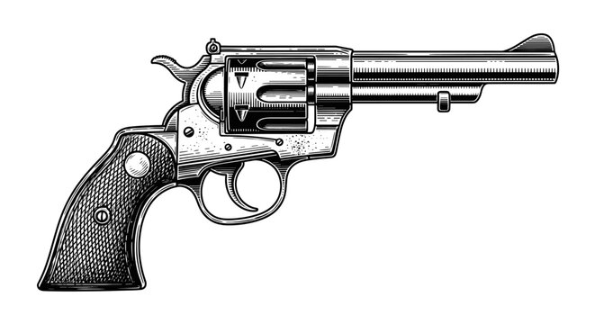 Vintage revolver engraving, hand drawn retro wild west pistol sketch, antique cowboy firearm isolated