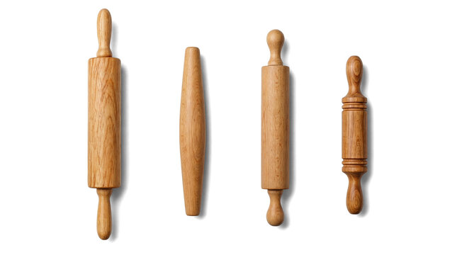 Assorted collection of wooden rolling pins in various styles and sizes, essential tools for baking and pastry.