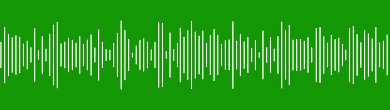 White audio waveform spectrum moving animation on green background. Audio sound waves moving motion graphic animation. Sound wave pattern audio visual waveform.