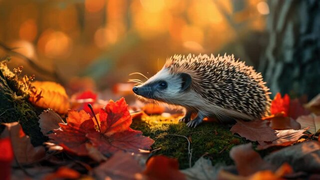 Small hedgehog explores autumn leaves. Warm golden light bathes the scene. Fur contrasts with vibrant red foliage. Hedgehog pauses on mossy ground. Nature's quiet beauty captured in stillness