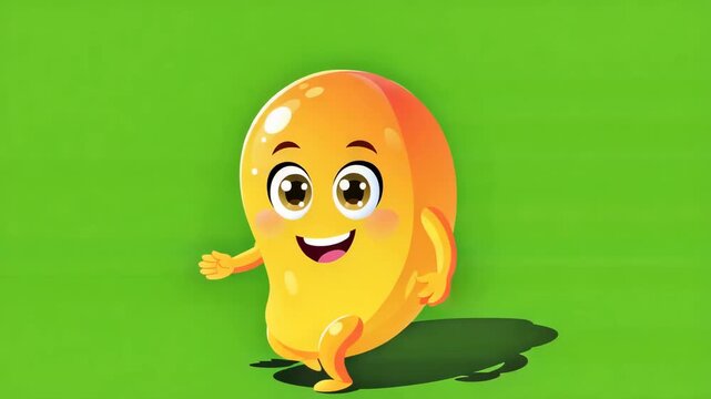 Happy animated mango character walking on green screen for kids education and product advertisements
