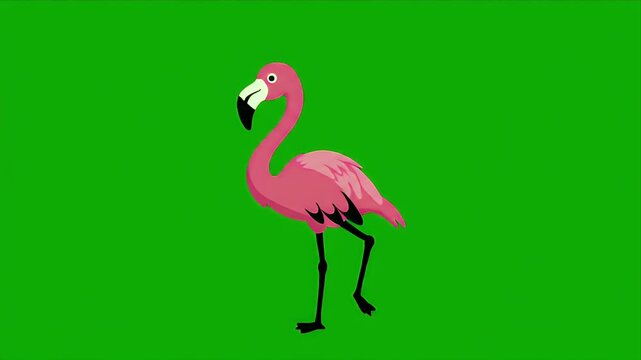 Pixelated Flamingo Standing on One Leg Isolated on Bright Green Screen Background for Compositing and Animation Projects