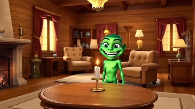Happy green alien character standing by candle in cozy wood paneled living room animated scene