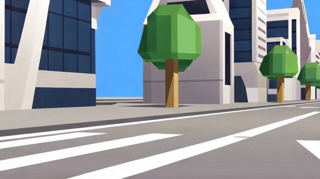 Low poly cityscape animation with trees and crosswalk under bright blue sky depicting a minimalist urban environment