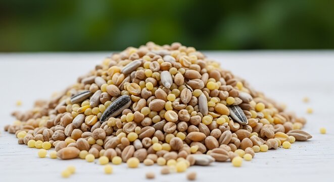 Variety of birdseed mix with grains and seeds on white surface