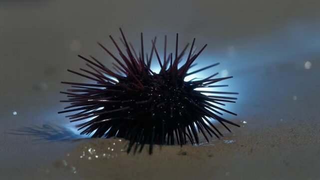 A sea urchin with dramatic backlighting on a wet sandy beach