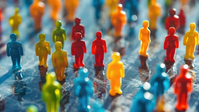 Colorful figurines stand in shallow water. Reflections shimmer beneath their vibrant forms. Diverse hues suggest unity and variety. Each tiny figure adds to the lively scene