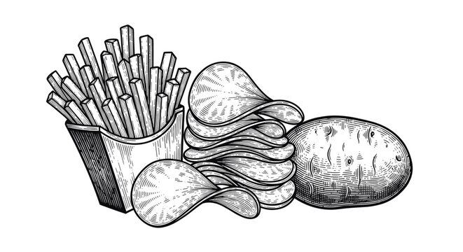 vintage engraving potato products set with french fries whole potato and potato chips detailed hand drawn food illustration in classic woodcut style