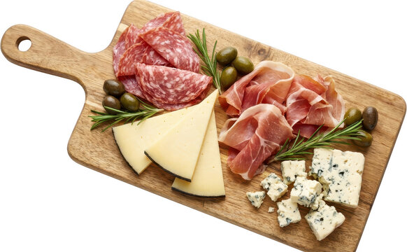 Sliced salami prosciutto wedges of cheese blue cheese crumbles olives and rosemary sprigs artfully arranged on a wooden charcuterie board appetizer gourmet delicatessen cured meat