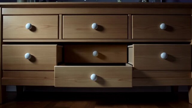 Wooden dresser with drawers opening in soft light interior home furniture organization storage solution bedroom chest of drawers