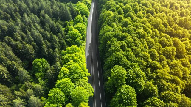 Forest road splits green trees, sun glows warmly. Skyline visible from above, calm and clear. Road curves gently, nature wraps around. Vibrant leaves glow with golden light