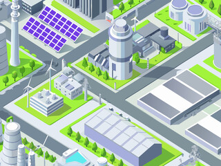 Isometric illustration of a futuristic sustainable city with various energy sources