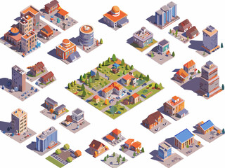 Isometric cityscape collection featuring various buildings parks and urban elements