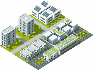 Isometric illustration of a modern eco friendly business park with solar panels