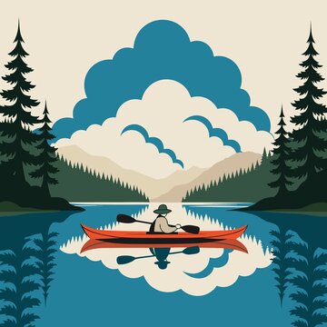 Silhouette kayaker paddling under aurora borealis reflection in mountain lake at night