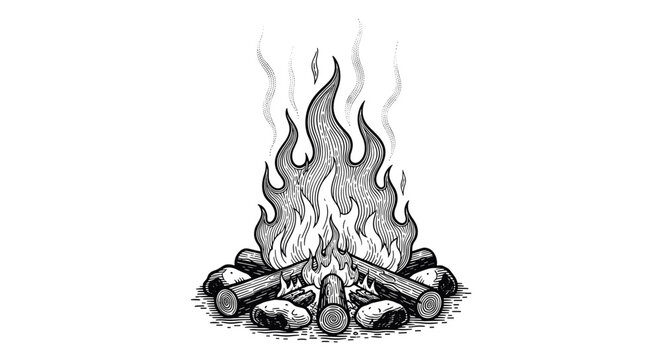 vintage engraving campfire burning wooden logs detailed outdoor camping illustration hand drawn fire flames in retro woodcut style