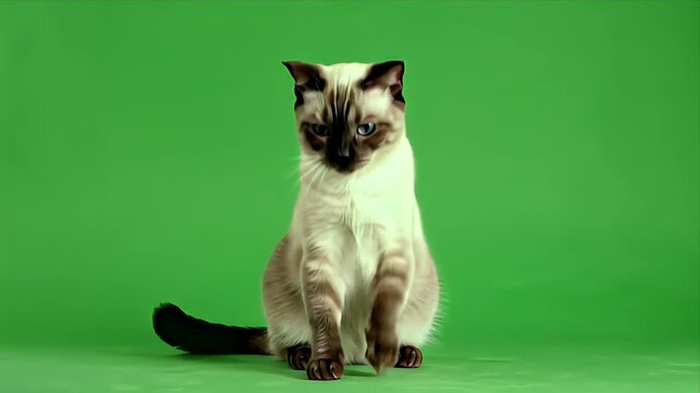 Siamese Cat Standing on Hind Legs with Blue Eyes and Dark Markings on Green Screen Background Studio Lighting Professional Pet Photography