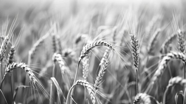 Golden wheat stalks sway gently in a field. Soft focus blurs the background subtly. Monochrome tone adds timeless elegance. Each ear of grain holds delicate promise. Natural light enhances texture