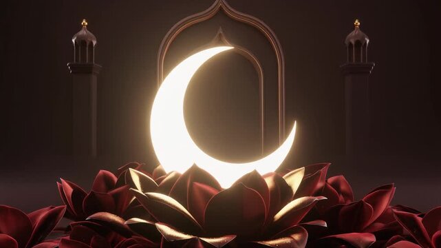 Islamic celebration background with glowing crescent moon and flowers