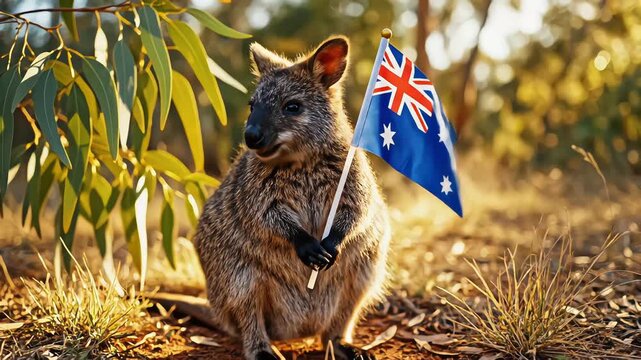 A kangaroo holds an Australian flag in a natural outdoor setting.