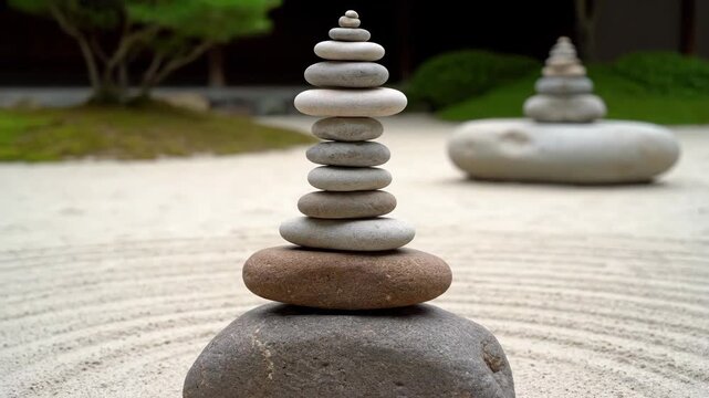 Stacked stones in sand form a balance of zen, peace and nature.