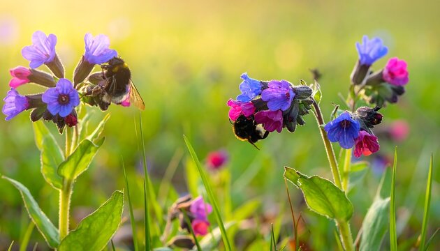 Vibrant flowers with pink & blue blossoms attract buzzing bees against a soft-focus green backdrop, bathed in warm sunlight