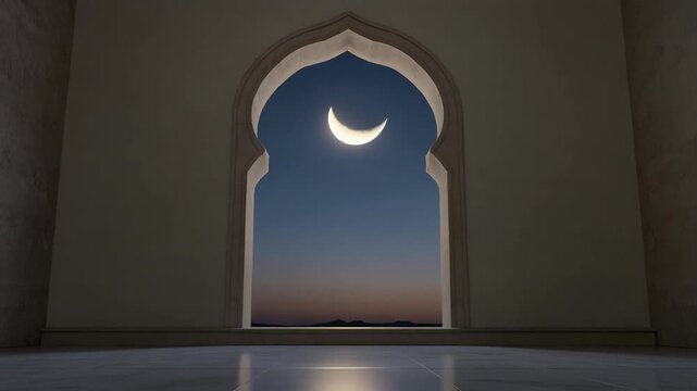 Crescent moon and twilight sky seen through an islamic arch window