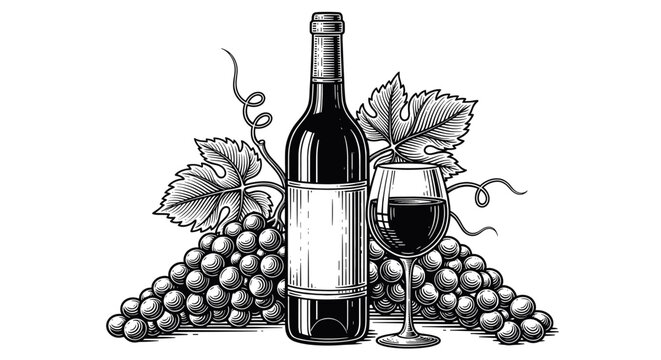 Vintage engraving wine bottle with wine glass and grape bunch detailed winery and viticulture illustration hand drawn classic woodcut style isolated