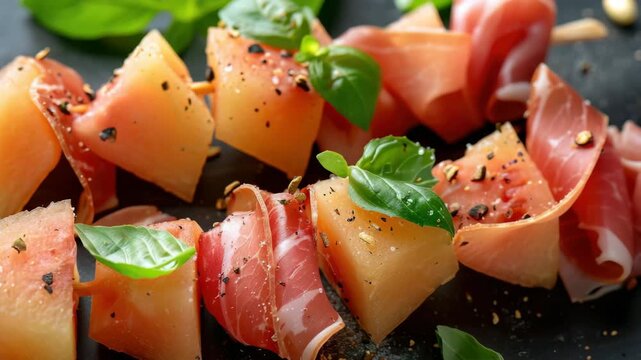 Cubed melon with prosciutto and basil. Fresh greens add vibrant contrast. Pepper specks enhance savory appeal. Rich textures invite immediate taste. Perfect for gourmet food presentations