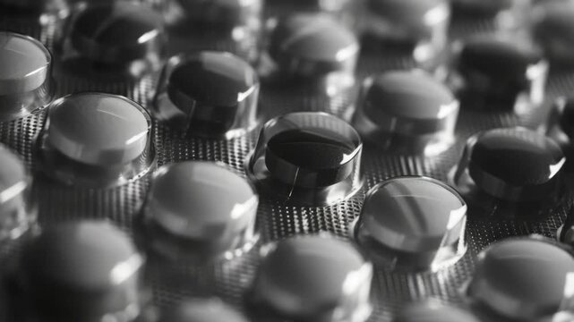 Black and white shot of round pills in blister pack. Close-up highlights glossy surface and metallic edges. Rows of pills reflect soft light with shallow depth. Monochrome tone emphasizes texture