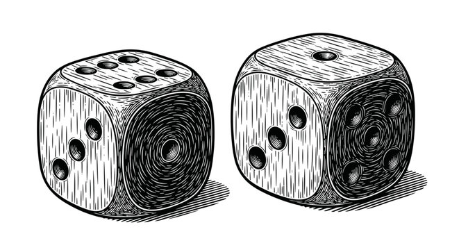 vintage casino dice pair detailed engraving illustration isolated, antique gambling game cubes hand drawn woodcut style classic board game symbol