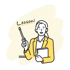シンプル　イラスト　英会話レッスンを説明する女性講師 英語学習のイメージ ベクターイラスト