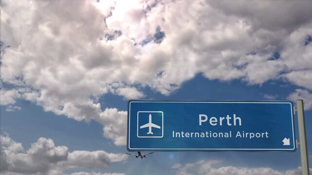 Perth Australia Jet plane landing. City arrival with airport direction sign. Travel, business, tourism and airplane transport concept.
