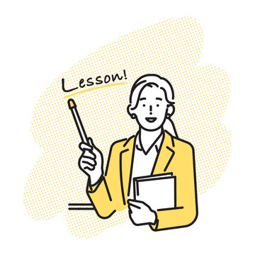 シンプル　イラスト　英会話レッスンを説明する女性講師 英語学習のイメージ ベクターイラスト