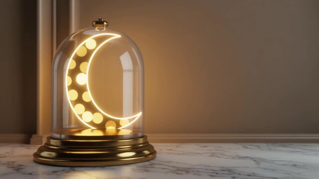Elegant Ramadan crescent moon lamp inside a glass dome