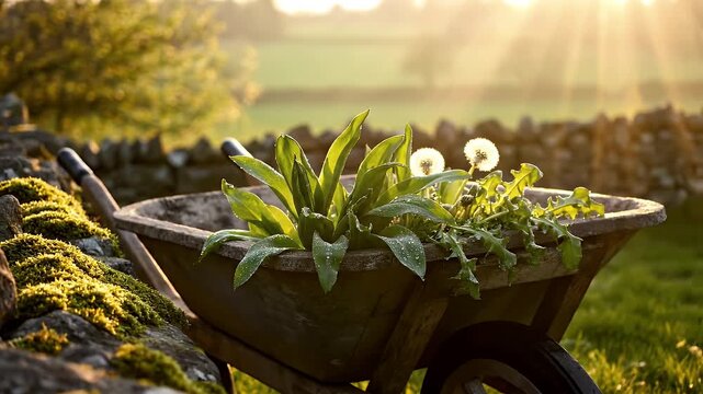 Rustic wooden wheelbarrow with dewy spring greens by ancient stone wall, rural golden hour