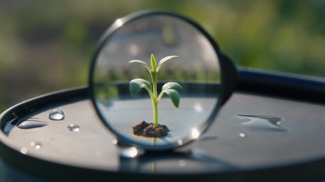 Magnifying glass focused on a green sprout growing from an oil barrel