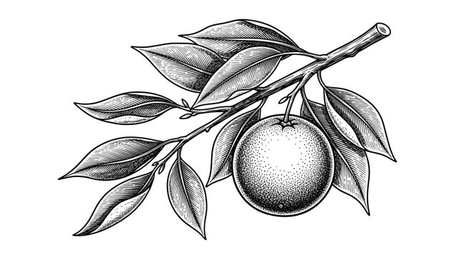 Vintage orange branch engraving, antique citrus fruit with leaves sketch and botanical illustration in woodcut style