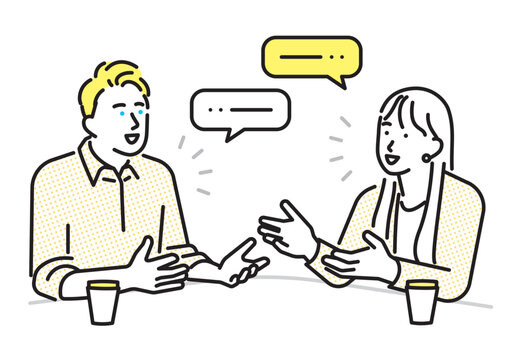 シンプル　イラスト　英語で会話をする男女 英会話コミュニケーションのイメージ ベクターイラスト