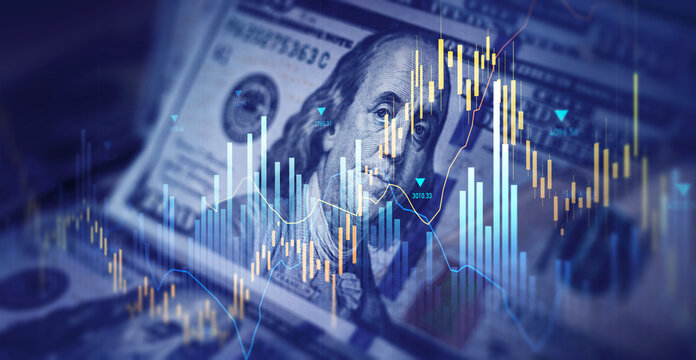 American dollars banknotes with financial stock market chart graph for currency exchange and global trade.