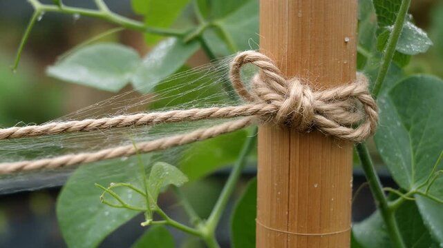 Natural twine tied in a knot around a bamboo garden stake