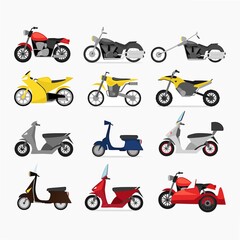 Collection of colorful motorcycles and scooters vector illustration set isolated on white background