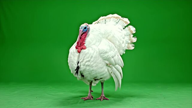 White Domestic Turkey Strutting and Flapping Wings on a Vibrant Green Screen Background with Textured Foreground