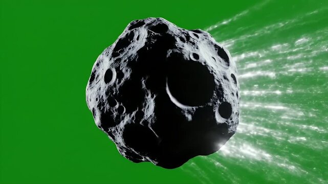 A pitted asteroid streaks across a green backdrop, leaving a white trail