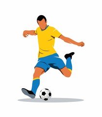 Obraz premium Young soccer player kicking ball in yellow blue uniform on white background