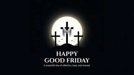 Happy Good Friday religious illustration with three crosses on a hill under a full moon.