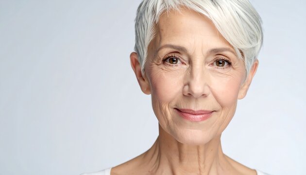 A smiling older woman with short white hair against a light background